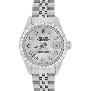 Rolex Datejust Ladies 26MM Automatic Steel Watch w/White MOP Dial & Diamond Bezel
