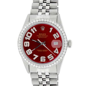 Rolex Datejust 36MM Automatic Stainless Steel Watch w/Imperial Red Arabic Dial & Diamond Bezel