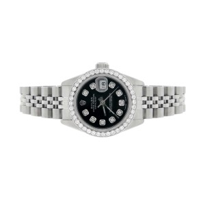 Rolex Datejust Ladies 26MM Automatic Steel Watch w/Black Dial & Diamond Bezel