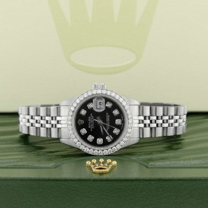 Rolex Datejust Ladies 26MM Automatic Steel Watch w/Black Dial & Diamond Bezel