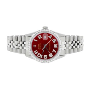 Rolex Datejust 36MM Automatic Stainless Steel Watch w/Imperial Red Arabic Dial & Diamond Bezel