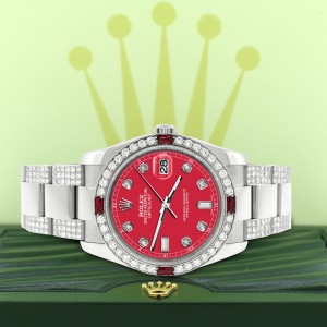Rolex Datejust 116200 Steel 36mm Watch with 4.5Ct Diamond Bezel/Bracelet/Scarlet Red Diamond Dial