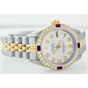 Rolex Datejust Silver Diamond And Ruby Ladies Watch