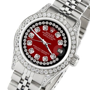Rolex Datejust 26mm Steel Jubilee Diamond Watch with Red Vignette Dial
