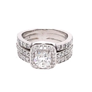 1.00 Carat Round Diamond Engagement Ring Wedding Band Combination in 14k White Gold