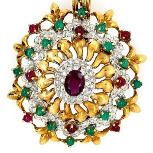 Yellow Gold Ruby Emerald Pendant Brooch