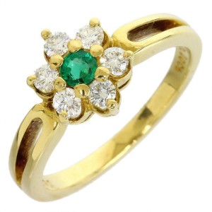 Mikimoto 18K Yellow Gold 0.34 Ct Diamond & Emerald Size 4.75 Ring