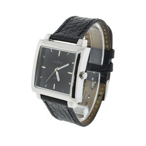 Skagen 251LSLB Mens Watch Square Stainless Steel Black Dial Leather Strap