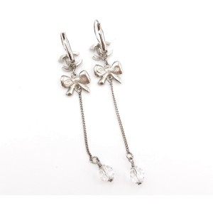 Chanel CC Silver Tone Crystal Bow Dangle Lever Back Piercing Earrings