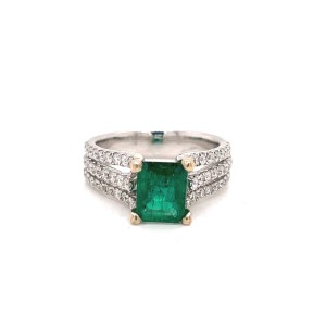 Emerald and Three Row Split Shank Diamond Ring in 18K White Gold