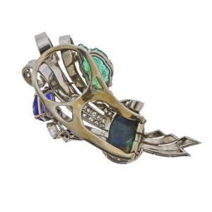 Retro Opal Carved Emerald Sapphire Diamond Platinum Brooch