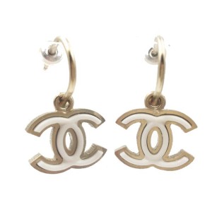 Chanel Gold Tone CC White Piercing Earrings