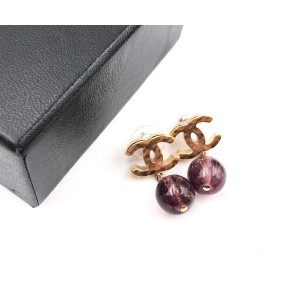 Chanel CC Gold Tone Metal Plum Stone Bead Dangle Piercing Earrings