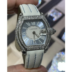 Ladies custom Cartier Diamond watch baby blue dial on white strap 