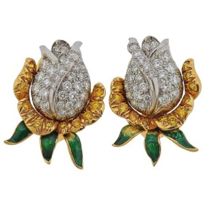 Oscar Heyman Gold Platinum Diamond Rose Flower Earrings