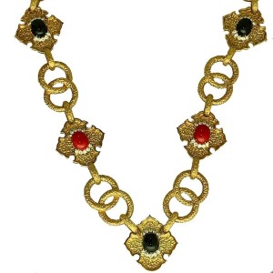 18 Karat Yellow Gold Link Onyx Coral Diamond Necklace