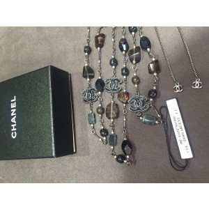 Chanel Classic Argent Silver Tone and Stones CC Logo Necklace