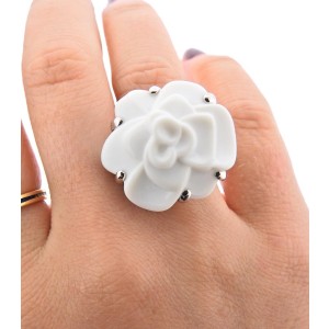 Chanel Camellia White Ceramic Gold Flower Ring, Other