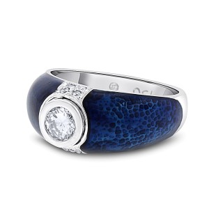 18k White Gold 0.37 Ct. Genuine Hidalgo Solitaire Diamond Blue Enamel Ring Size 6.5 