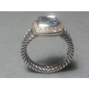 David Yurman Petite Albion Sterling Silver Blue Topaz & Diamonds Ring Size 7