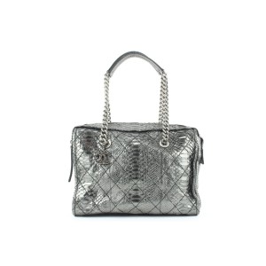 Chanel Iridescent Metallic Silver Python Bowler Chain Boston Bag 671cas318