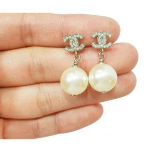 Chanel Classic Silver CC Rhinestone Simulated Glass Pearl Dangle Piercing Earrings 