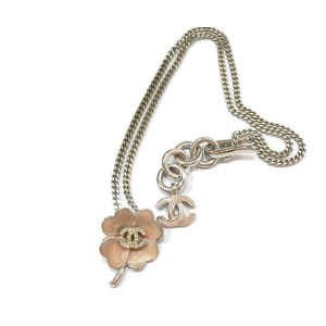 Chanel CC Light Pink Clover Silver Rhinestone Necklace