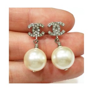 Chanel CC Rhinestone Simulated Glass Pearl Dangle Piercing Earrings  