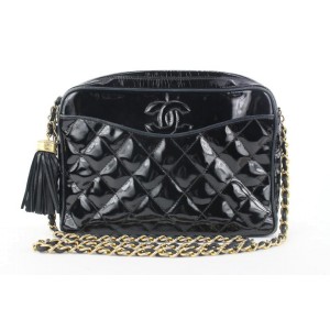 Chanel Black Quilted Patent Fringe Tassel Camera Bag Crossbody Chain 321ca517