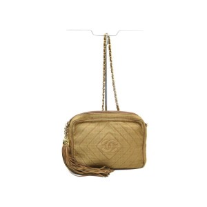 Chanel Light Brown Tassel Chevron Diamond Quilted Camera Chain Bag 863212