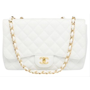 Chanel Quilted White Caviar Jumbo Classic Double Flap Gold Chain 65cas723