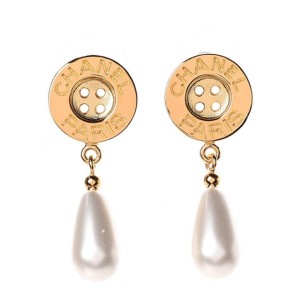 Chanel Metal Pearl Paris Button Drop Earrings Gold 860659