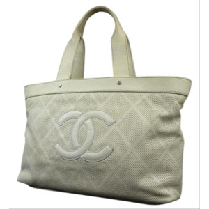 Chanel Off-White Perforated Leather CC Tote Up in The air 218856