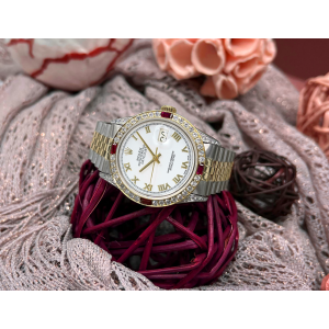Rolex   Datejust White Roman Dial with Diamond Lugs & Diamond/Ruby Bezel Two Tone Watch 