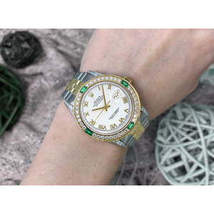 Rolex 36mm Datejust White Roman Dial with Diamond Lugs & Diamond/Emerald Bezel Two Tone Watch 