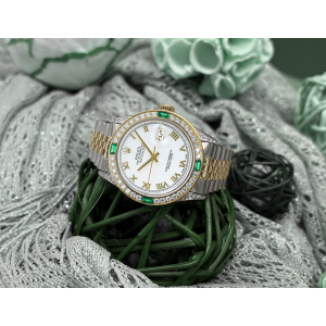 Rolex 36mm Datejust White Roman Dial with Diamond Lugs & Diamond/Emerald Bezel Two Tone Watch 