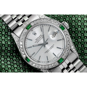Rolex  Datejust Silver Index Dial with Diamond Lugs + Emerald & Diamond Bezel Stainless Steel Watch 