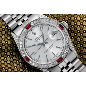 Rolex Datejust Silver Index Dial with Diamond Lugs + Ruby & Diamond Bezel Stainless Steel Watch 