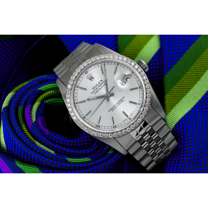 Rolex Oyster Perpetual Datejust Silver Index Dial Stainless Steel Watch Diamond Bezel