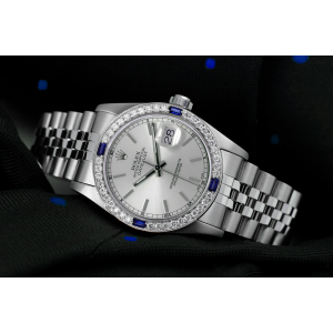 Rolex  Datejust Silver Stick Dial with Diamond & Blue Sapphire Bezel Steel Ladies Wrist Watch