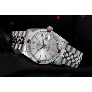 Rolex   Datejust Silver Stick Dial with Diamond & Ruby Bezel Steel Ladies Wrist Watch