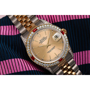 Women's Rolex 31mm Datejust Champagne Index Dial Two Tone Jubilee Watch with Rubies & Diamonds