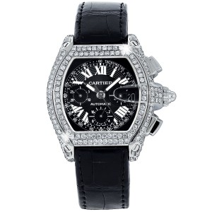 Cartier Roadster XL W62020X6 Chronograph Custom Diamond Watch on Leather Strap