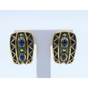 18 Karat Gold, Four Oval Cabochon Sapphire and Enamel Clip-On Earrings