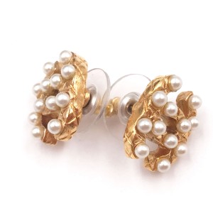 Chanel CC Gold Tone & Simulated Glass Pearl Piercing Earrings