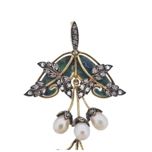 Art Nouveau Pearl Diamond Plique-A-Jour Gold Silver Pendant