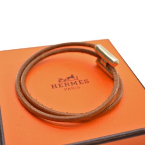 Hermes Silver Tone Metal Leather H Letter Bracelet