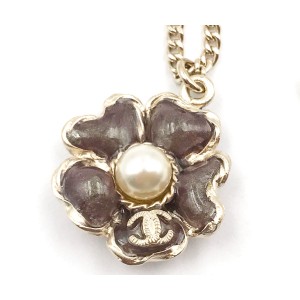 Chanel Gold Plated Flower Plum Simulated Glass Pearl Pendant Necklace