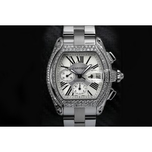 Cartier Roadster XL Chronograph Stainless Steel Diamond Watch Silver Dial W62020X6