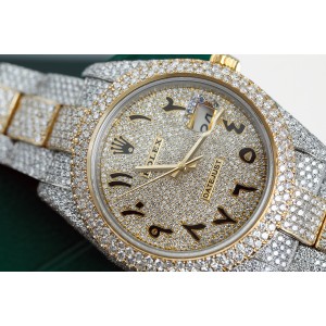 Rolex Datejust 41 Stainless Steel and 18k Yellow Gold Custom Fully Iced Out Watch Arabic Script Dial